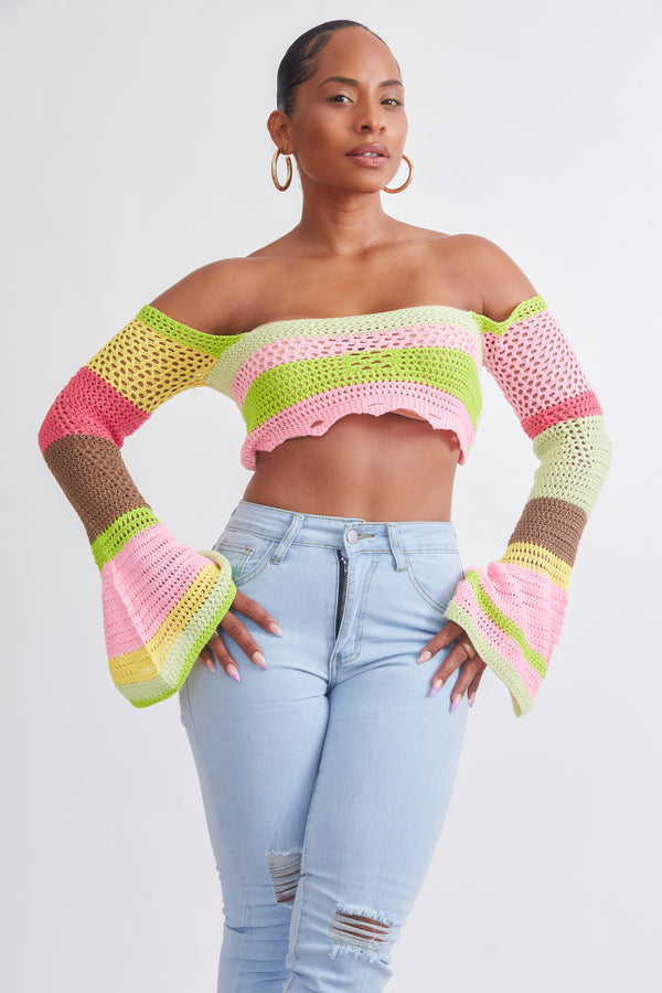 Neon Dreams Crochet Off-Shoulder Top