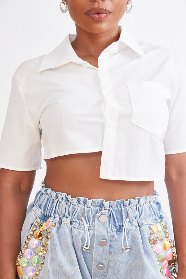 Crooked White Button Down Crop Top