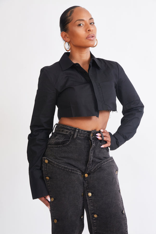 Button Down Long Sleeve Crop Top